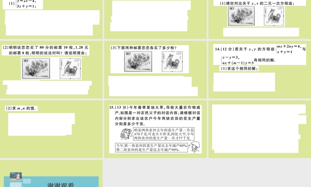 八年级数学上册 第五章 二元一次方程组 阶段综合训练八：二元一次方程组及其应用(测试范围：5.1 5.5)作业课件 (新版)北师大版 课件
