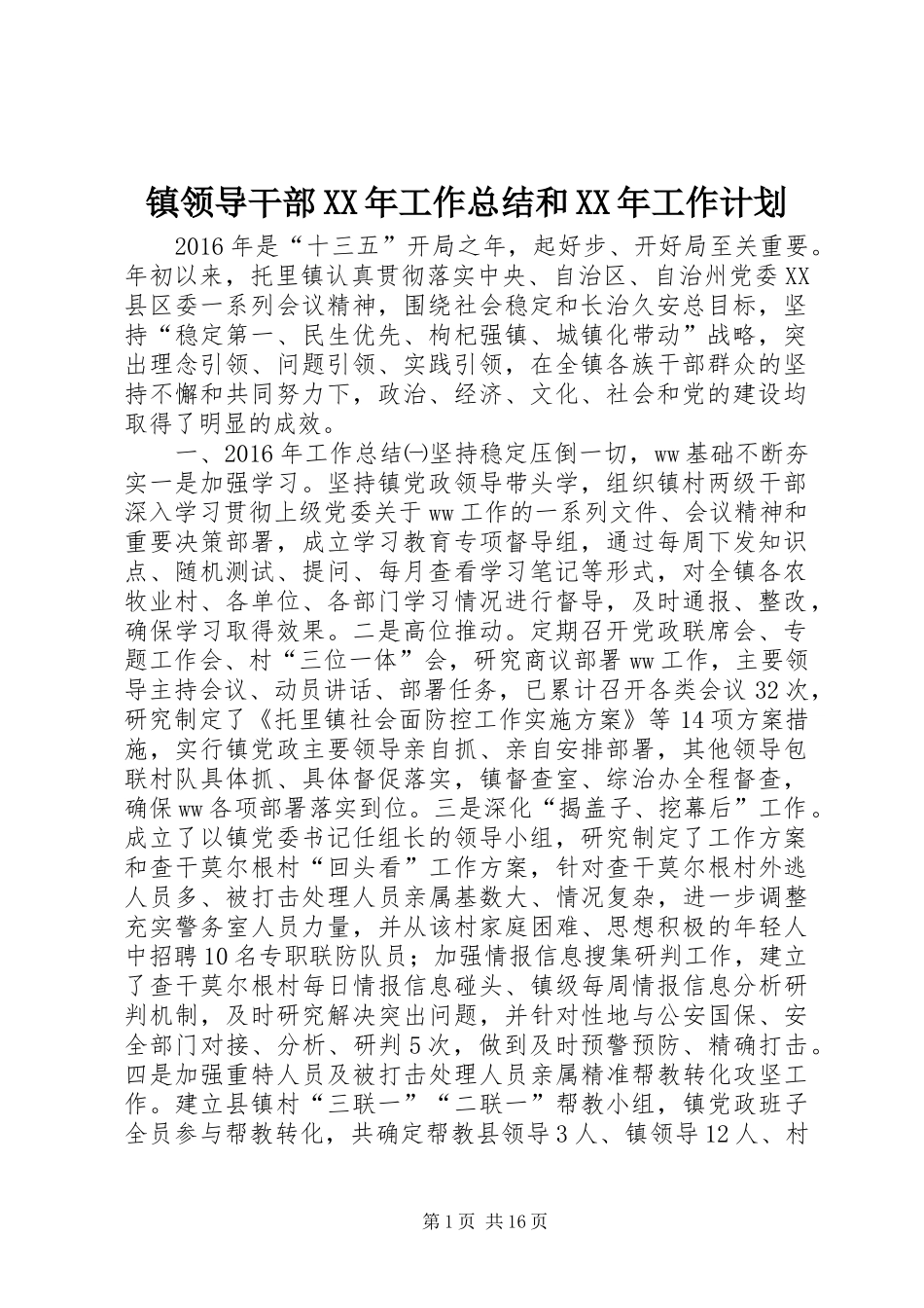 镇领导干部XX年工作总结和XX年工作计划_第1页