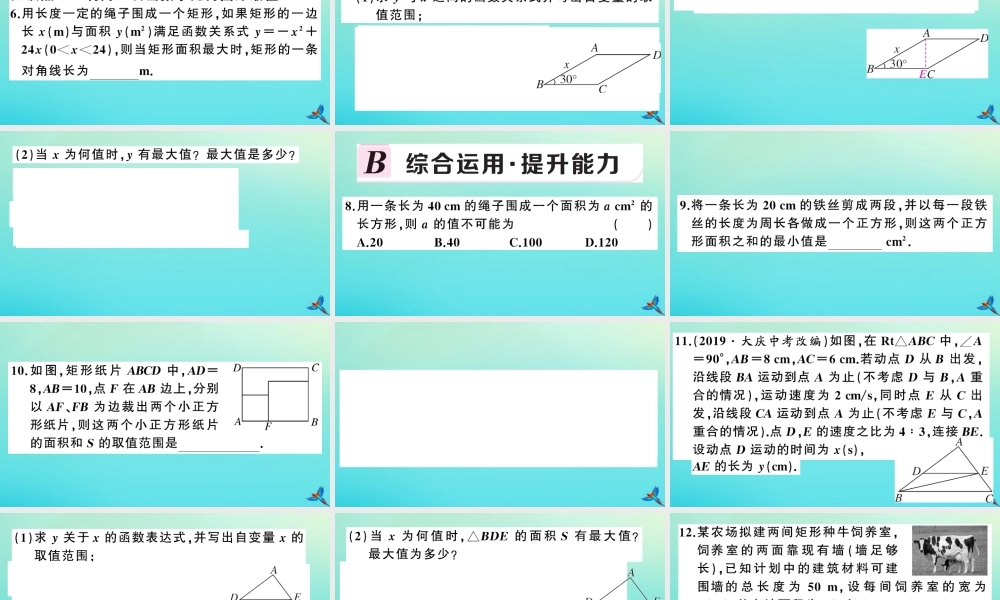 九年级数学上册 第21章 二次函数与反比例函数 214 二次函数的应用 第1课时 二次函数应用中的面积最值问题作业课件 (新版)沪科版 课件