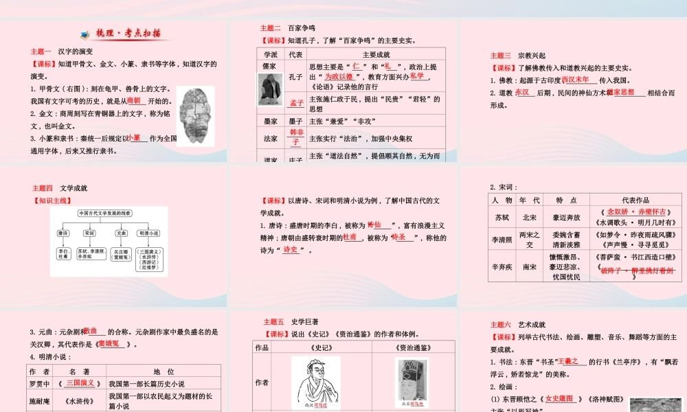 中考历史 第五单元 第2讲中国古代的思想文化复习课件 北师大版 课件