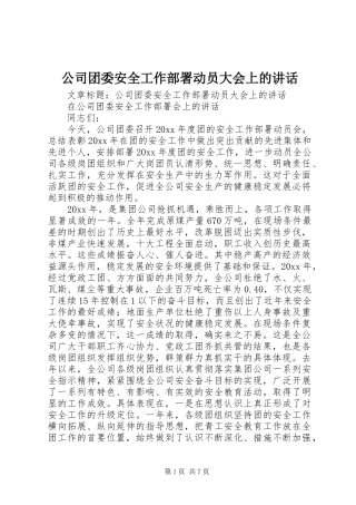 公司团委安全工作部署动员大会上的讲话