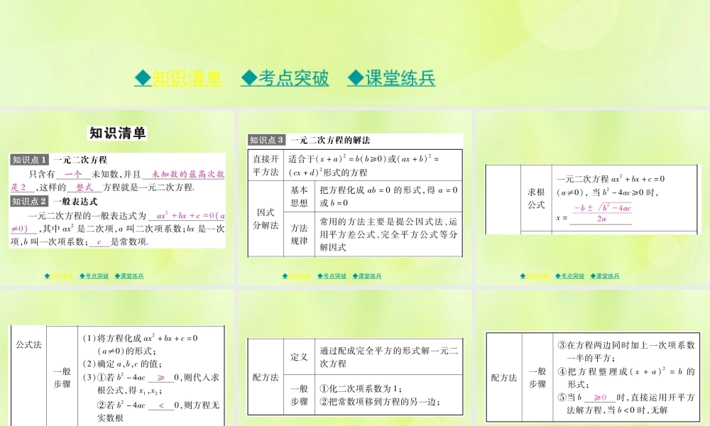 中考数学总复习 第一部分 考点梳理 第二章 方程(组)与不等式(组)第6课时 一元二次方程及其应用课件