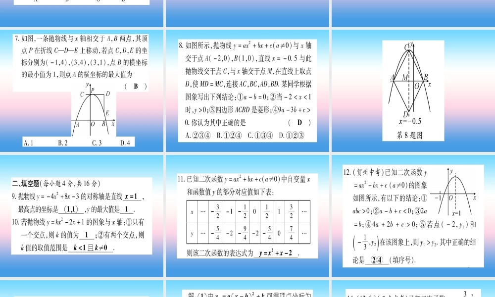 九年级数学下册 寒假作业(六)二次函数的图象与性质作业课件 (新版)湘教版 课件