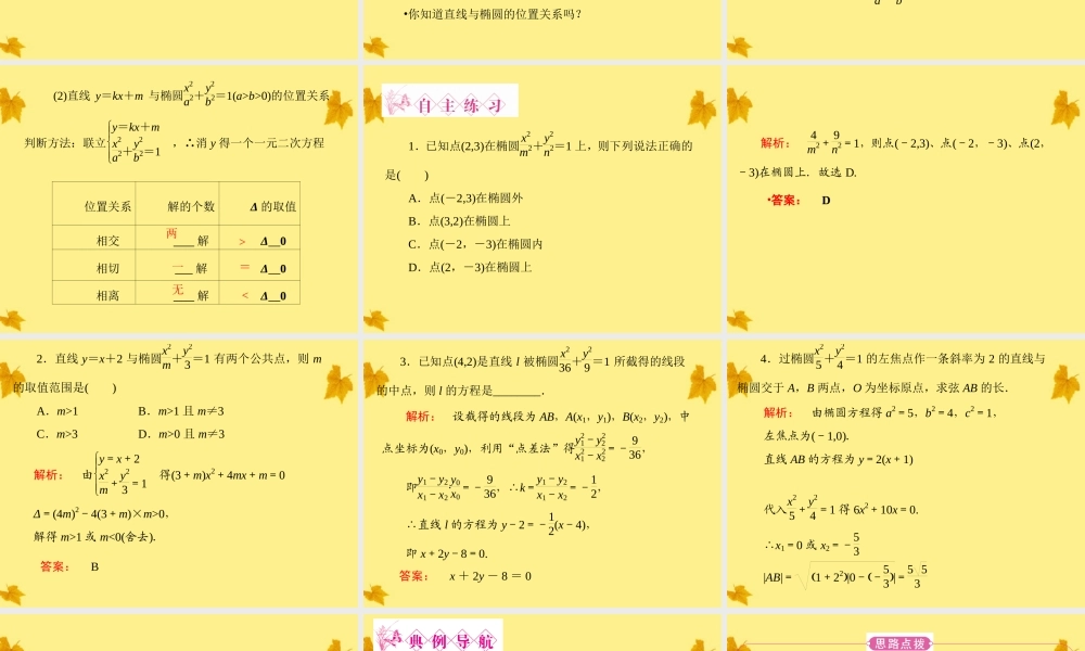 数学 2.2.2第2课时椭圆方程及性质的应用精品课件同步导学 新人教A版选修2-1 课件