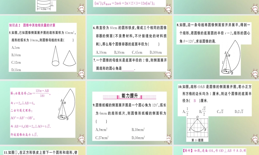 九年级数学上册 第二十四章 圆 244 弧长和扇形面积 第2课时 圆锥的侧面积与全面积习题课件 (新版)新人教版 课件