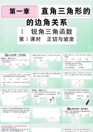 九年级数学下册 第一章 直角三角形的边角关系 11 锐角三角函数 第1课时 正切与坡度习题讲评课件 (新版)北师大版 课件