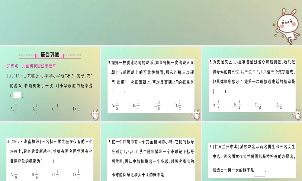 九年级数学上册 第二十五章 概率初步 252 用列举法求概率 第２课时 用画树状图法求概率习题课件 (新版)新人教版 课件