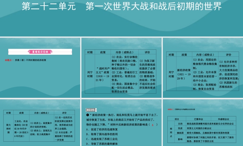 中考历史复习 第二十二单元 第一次世界大战和战后初期的世界课件