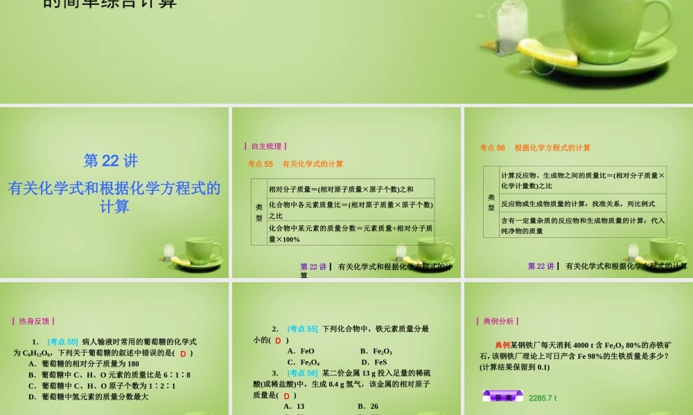 中考化学自主复习 化学计算(一)有关化学式和根据化学方程式的计算课件