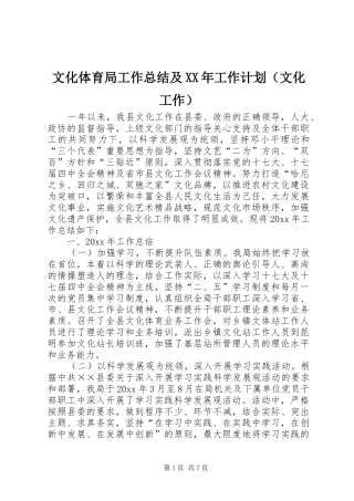 文化体育局工作总结及XX年工作计划（文化工作）