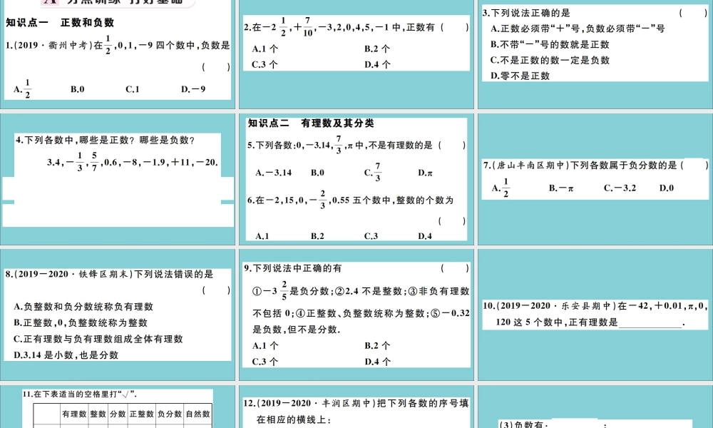 学上册 第一章 有理数 1.1 正数和负数 第2课时 正数、负数及有理数作业课件 (新版)冀教版 课件