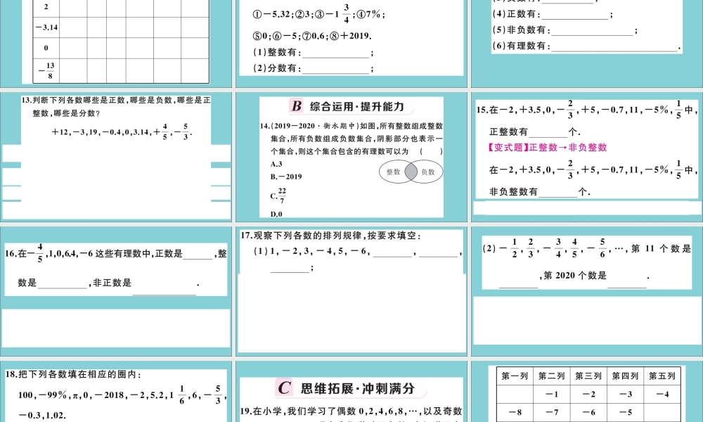 学上册 第一章 有理数 1.1 正数和负数 第2课时 正数、负数及有理数作业课件 (新版)冀教版 课件