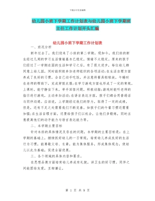 幼儿园小班下学期工作计划表与幼儿园小班下学期班主任工作计划开头汇编