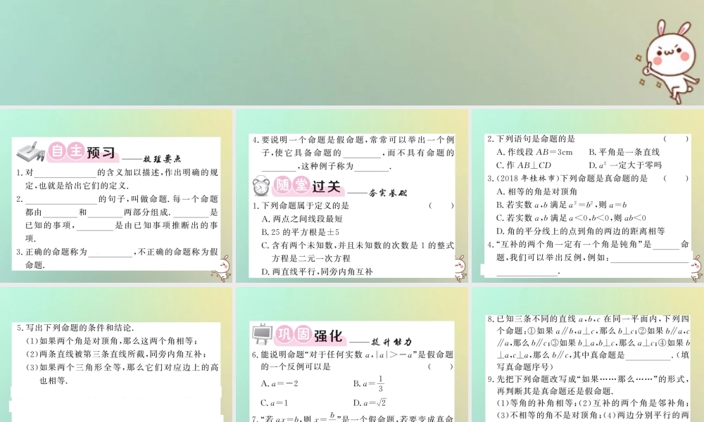 八年级数学上册 第七章 平行线的证明 7.2 定义与命题(1)习题课件 (新版)北师大版 课件