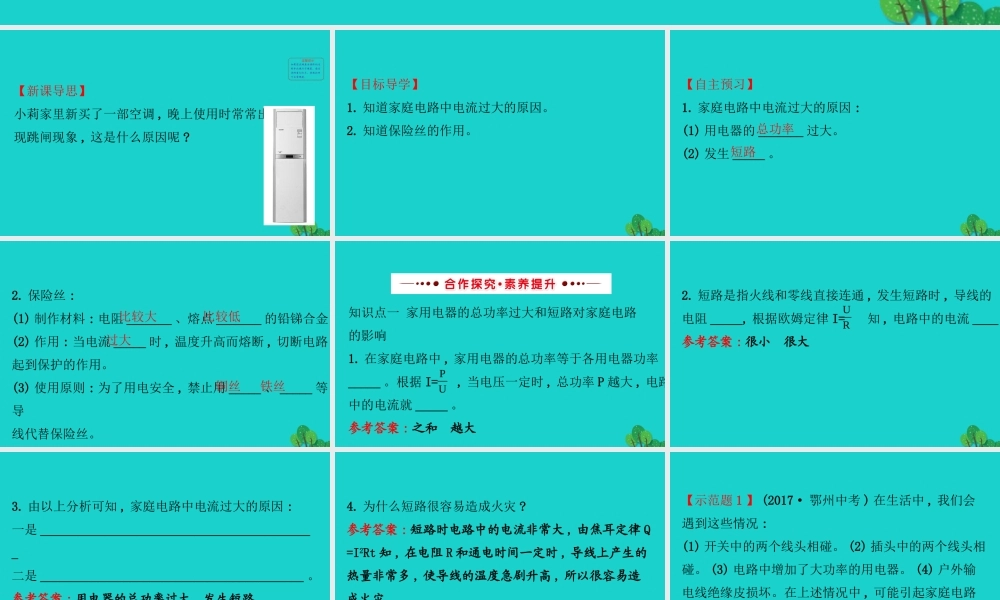 九年级物理全册 第十九章 第2节家庭电路电流过大的原因习题课件 (新版)新人教版 课件