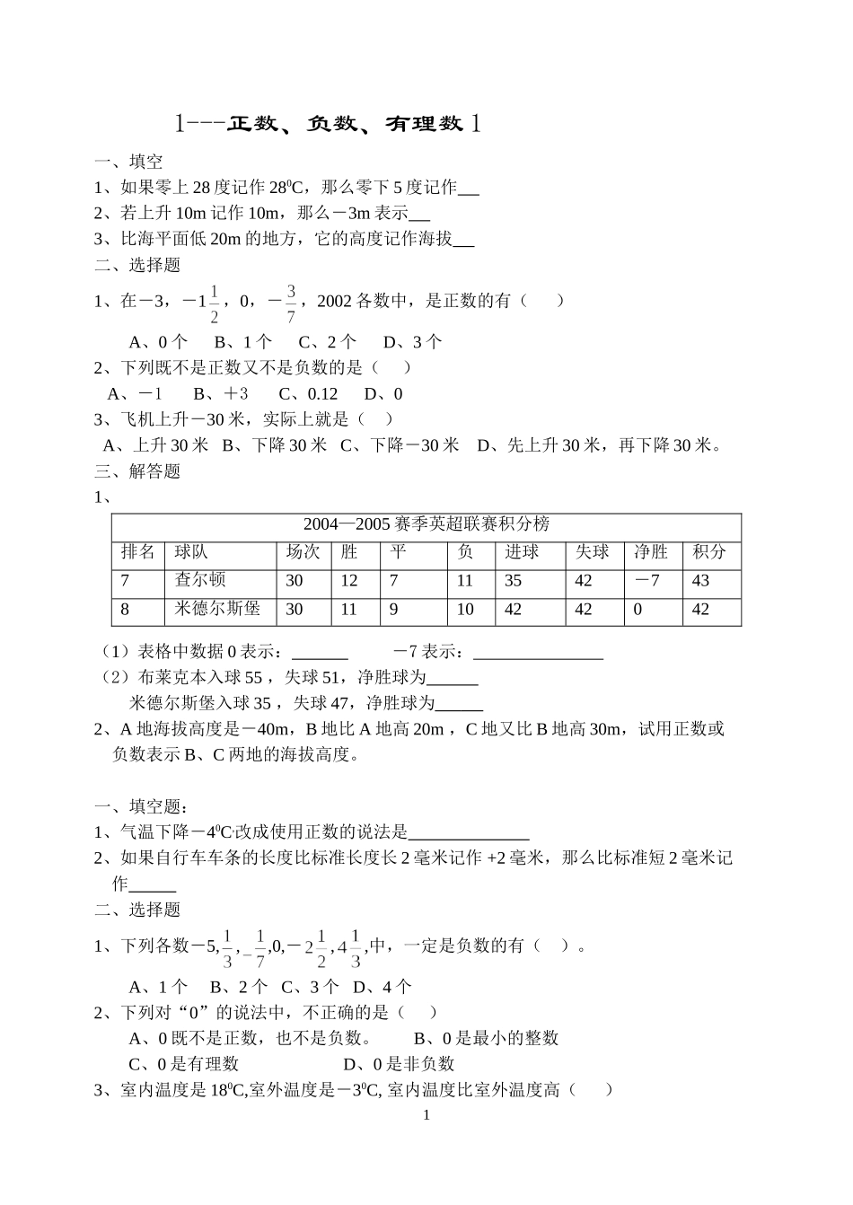 七年级上正数、负数、有理数同步练习题_第1页