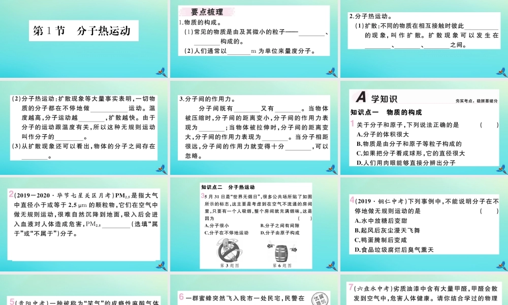九年级物理全册 第十三章 内能 第一节 分子热运动习题讲评课件 (新版)新人教版 课件