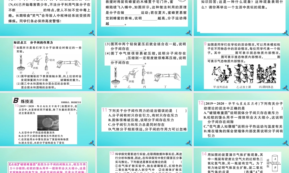九年级物理全册 第十三章 内能 第一节 分子热运动习题讲评课件 (新版)新人教版 课件