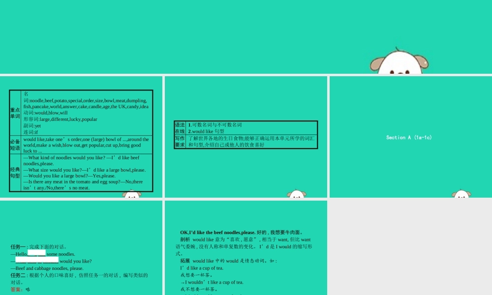 春七年级英语下册 Unit 10 I d like some noodles(第1课时)Section A(1a 1c)课件 (新版)人教新目标版 课件