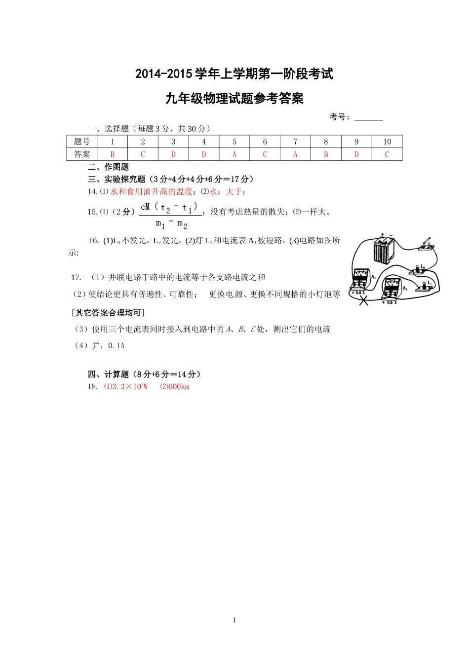 2015-2016学年上学期第一阶段考试九年级物理试题答案2014-9-3081331_第1页