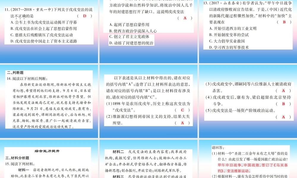 八年级历史上册 第二单元 近代化的早期探索与民族危机的加剧 第6课 戊戌变法作业课件 新人教版 课件