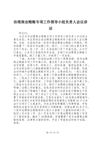 治理商业贿赂专项工作领导小组负责人会议讲话