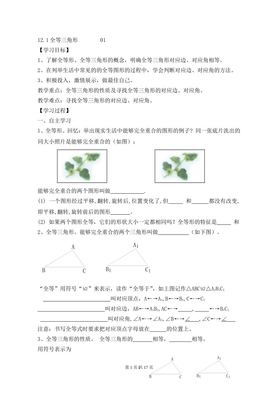 人教版八年级数学第十二章全等三角形全章导学案(可用)_第1页