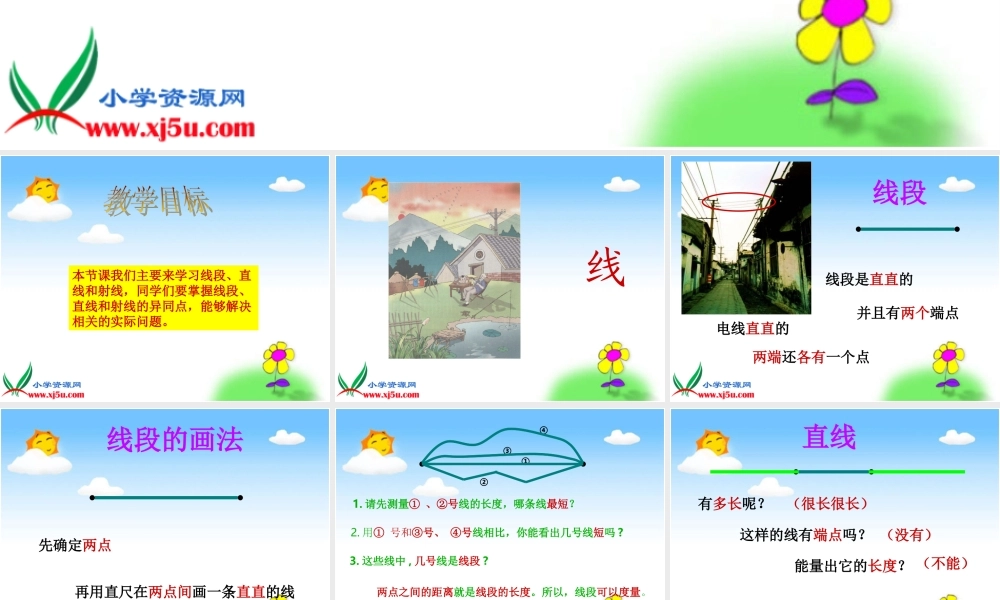 西师大版数学四年级上册《线段、直线和射线》PPT课件