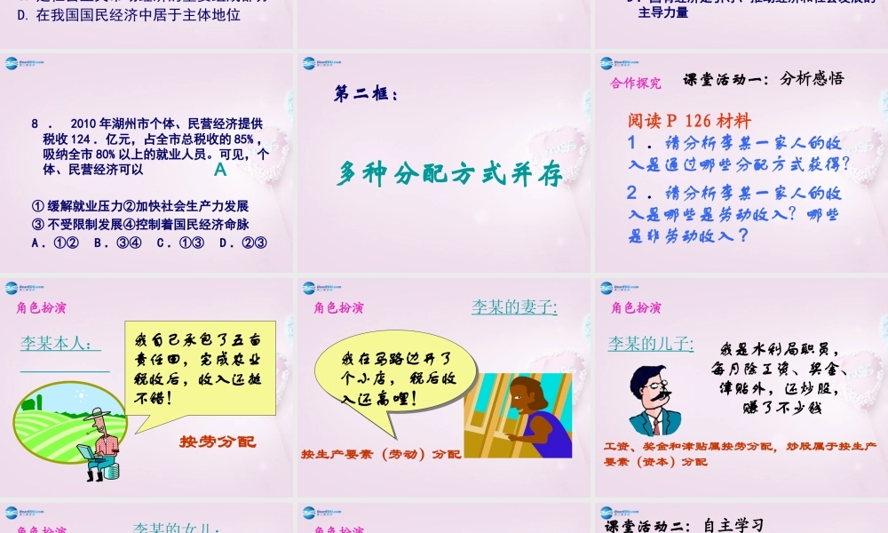 九年级政治全册(第四单元 第10课 第2框 多种分配方式并存)课件 苏教版 课件