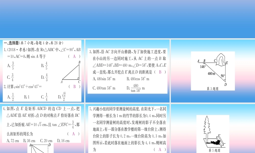 九年级数学下册 寒假作业(九)锐角三角函数课堂导练课件(含中考真题)(新版)新人教版 课件