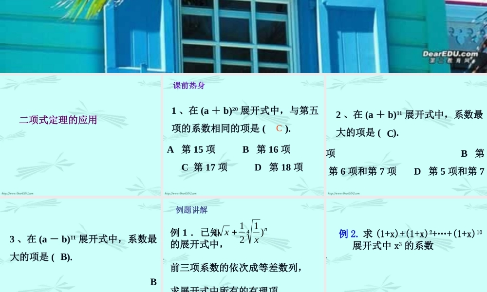 二项式定理的应用 高二数学排列组合二项式定理概率课件集一 人教版 高二数学排列组合二项式定理概率课件集一 人教版