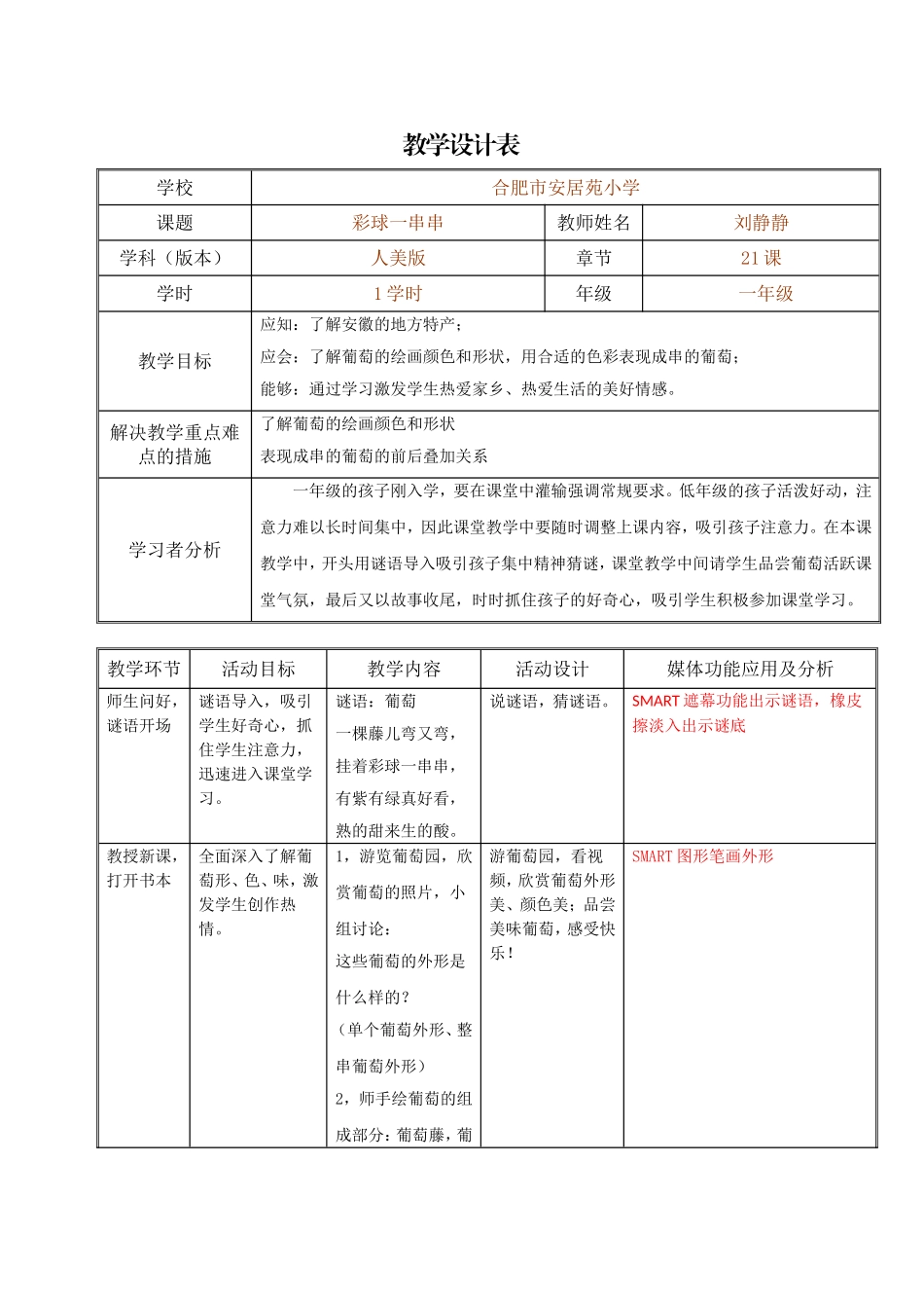 安小刘静静《彩球一串串》教学设计表_第1页