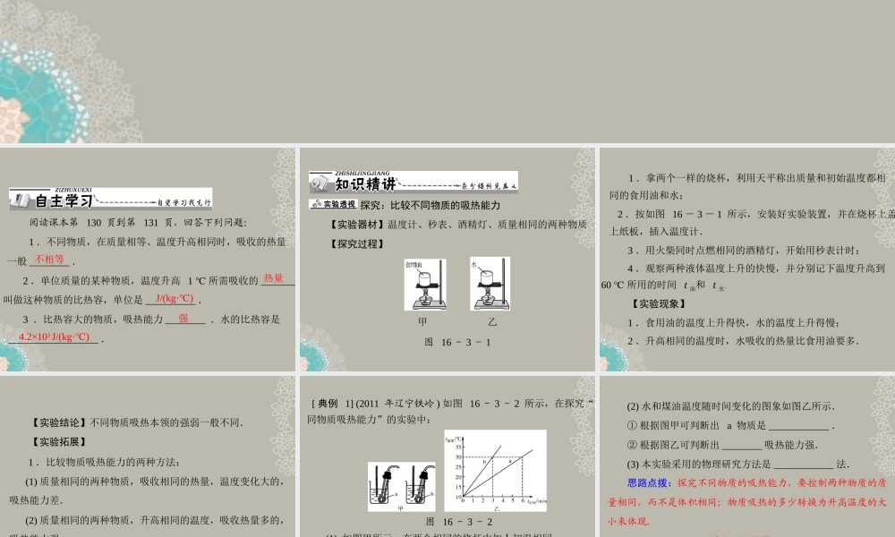 九年级物理上册 第十六章 热和能 三(比热容)第1课时 不同物质的吸热能力课件 人教新课标版 课件