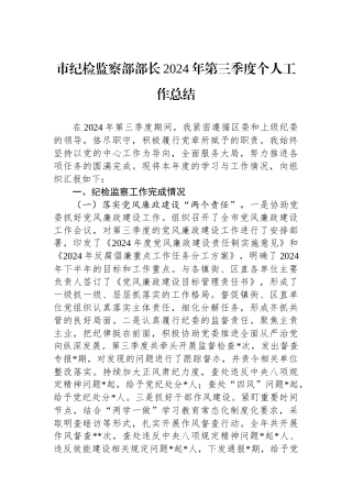 市纪检监察部部长2024年第三季度个人工作总结