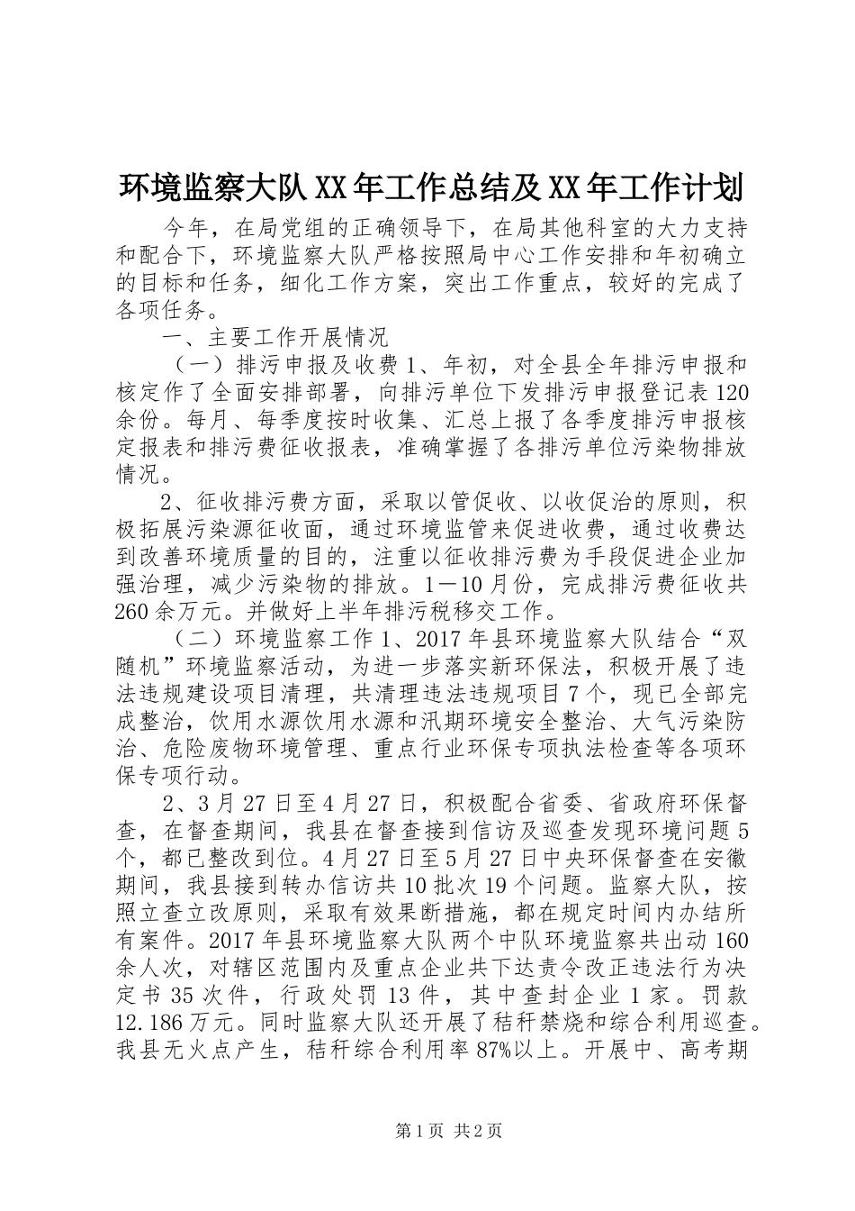 环境监察大队XX年工作总结及XX年工作计划_第1页