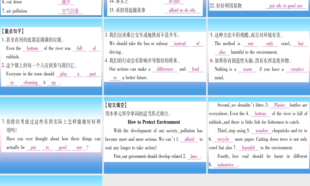九年级英语全册 Unit 13 We re trying to save the earth知识复习自测课堂导练课件(含中考真题)(新版)人教新目标版 课件