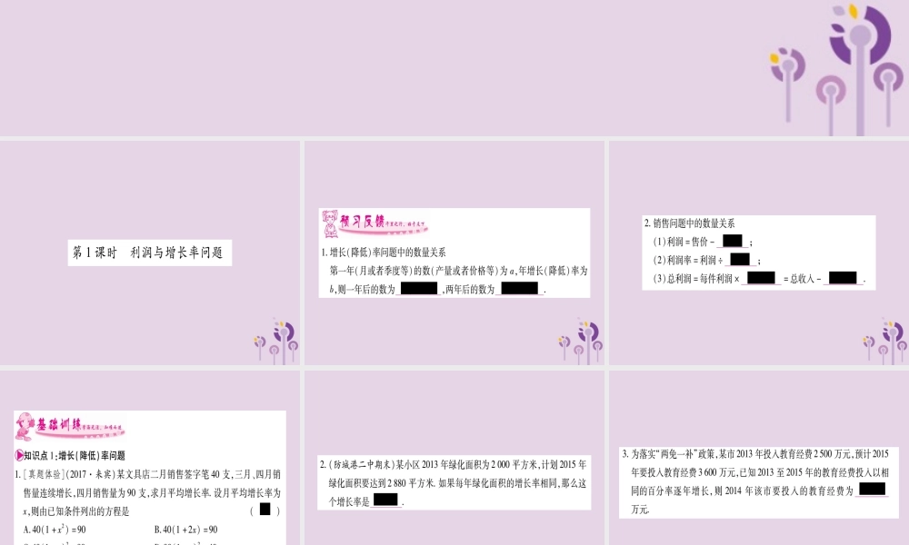 九年级数学上册 第2章 一元二次方程 25 一元二次方程的应用 第1课时 利润与增长率问题作业课件 (新版)湘教版 课件