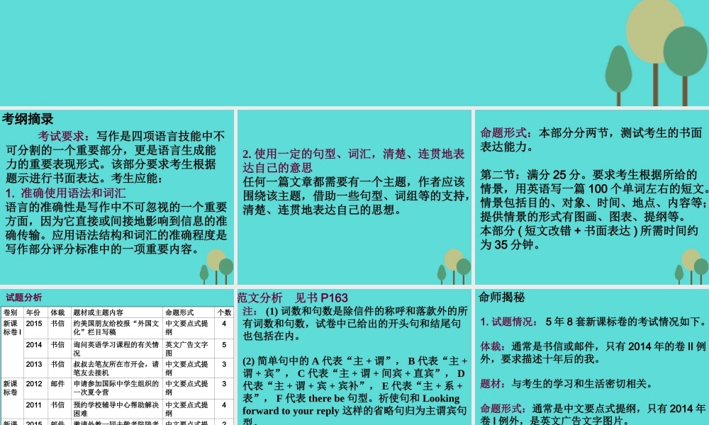 名师指津高三英语二轮复习 第三部分 写作 书面表达30 考纲摘录 考情表解 命题揭秘 解题方略课件