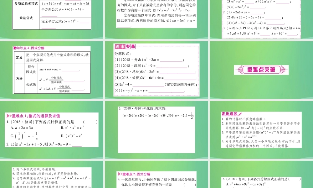 中考数学复习 第一轮 考点系统复习 第一章 数与式 第二节 整式与因式分解(精讲)课件