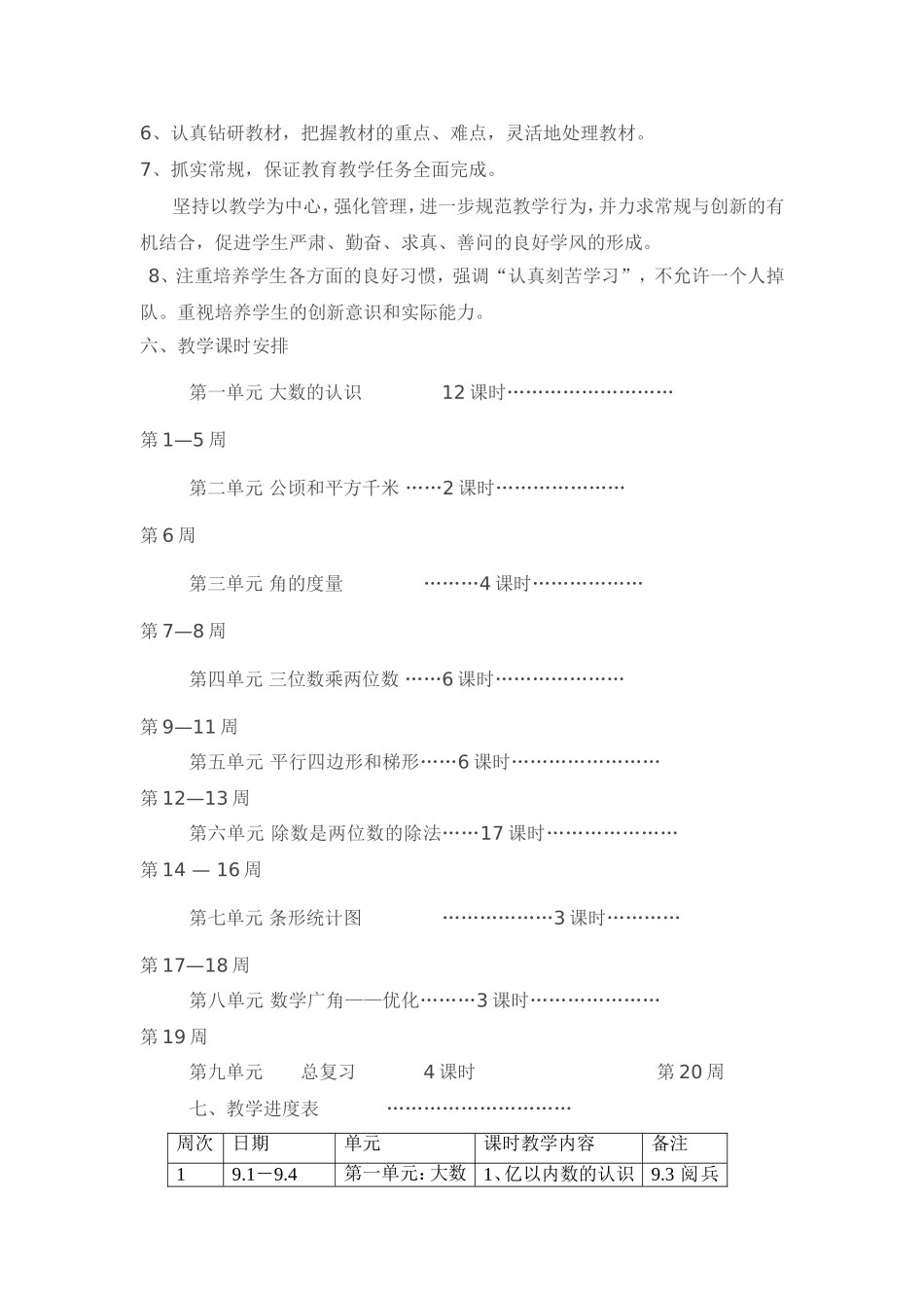 2015学年度第一学期新人教版四年级数学教学计划_第3页
