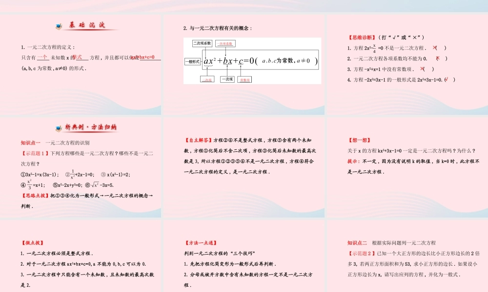 九年级数学上册 第二章 一元二次方程 1认识一元二次方程(第1课时)习题课件 (新版)北师大版 课件