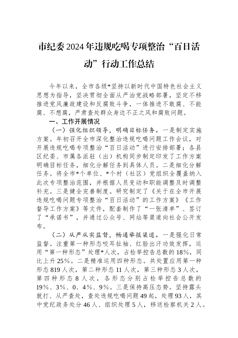 市纪委2024年违规吃喝专项整治“百日活动”行动工作总结_第1页