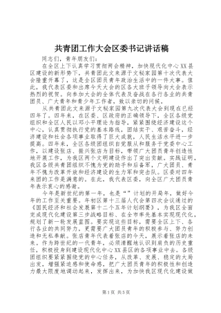 共青团工作大会区委书记讲话稿