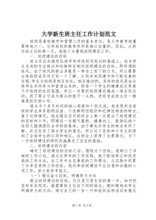 大学新生班主任工作计划范文