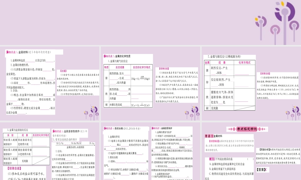 云南省中考化学一轮考点复习 第八单元 金属和金属材料课件