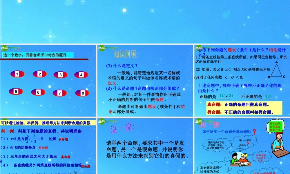 八年级数学下册 4-1-2定义与命题 课件 浙教版 课件