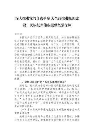 深入推进党的自我革命 为全面推进强国建设、民族复兴伟业提供坚强保障