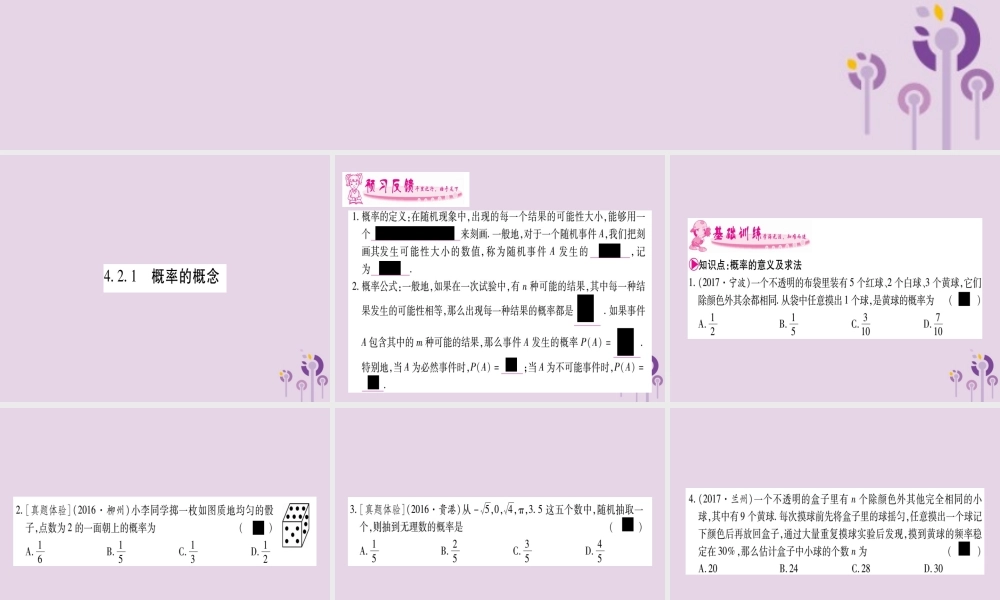 广西九年级数学下册 第4章 概率 4.2 概率及其计算 4.2.1 概率的概念作业课件 (新版)湘教版 课件