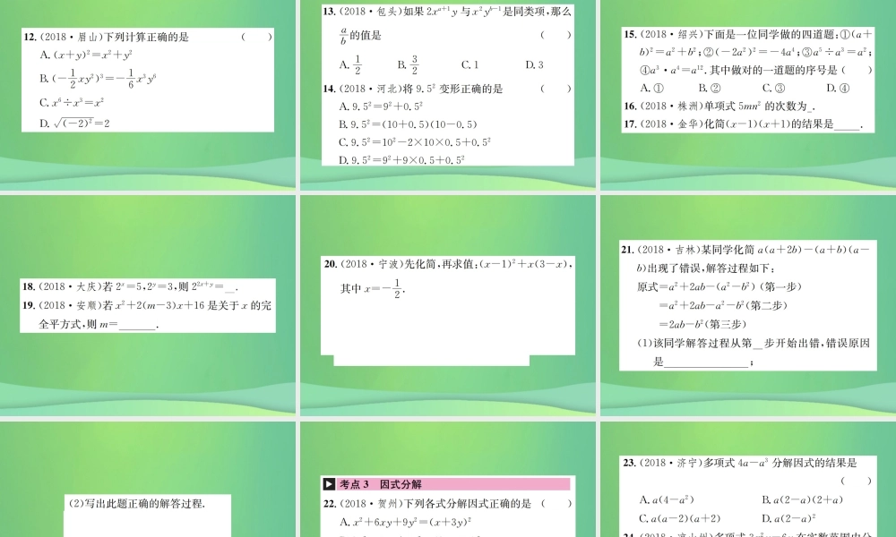 中考数学复习 第一单元 数与式 第2讲 整式及因式分解课件