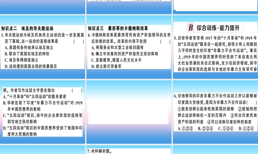 九年级历史下册 第三单元 第一次世界大战和战后初期的世界 第12课 亚非拉民族民主运动的高涨习题课件 新人教版 课件